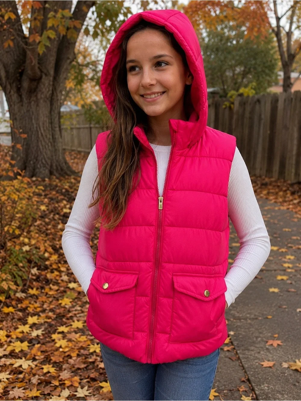 Zara Girls Hot Pink Hooded Puffer Vest Size Large Quilted Zip Front